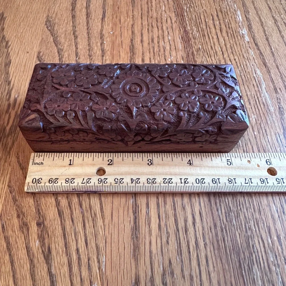 Hand Carved Wood Trinket Box Set 2pc Brown Floral Vine Decor